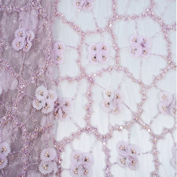 Lavender Blossom Pearl Embroidered Net Fabric