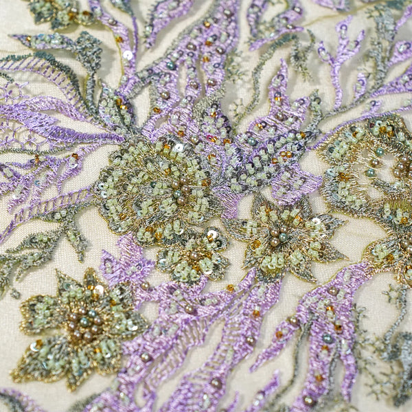 Lilac Gold Sequin Embroidered Net Fabric