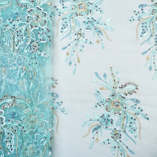Aqua blue floral embroidered fabric